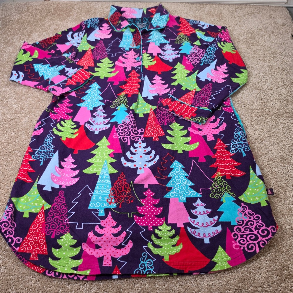 Nick & Nora Nightgown Christmas Tree Purple Cotton Flannel Sleep Shirt Large